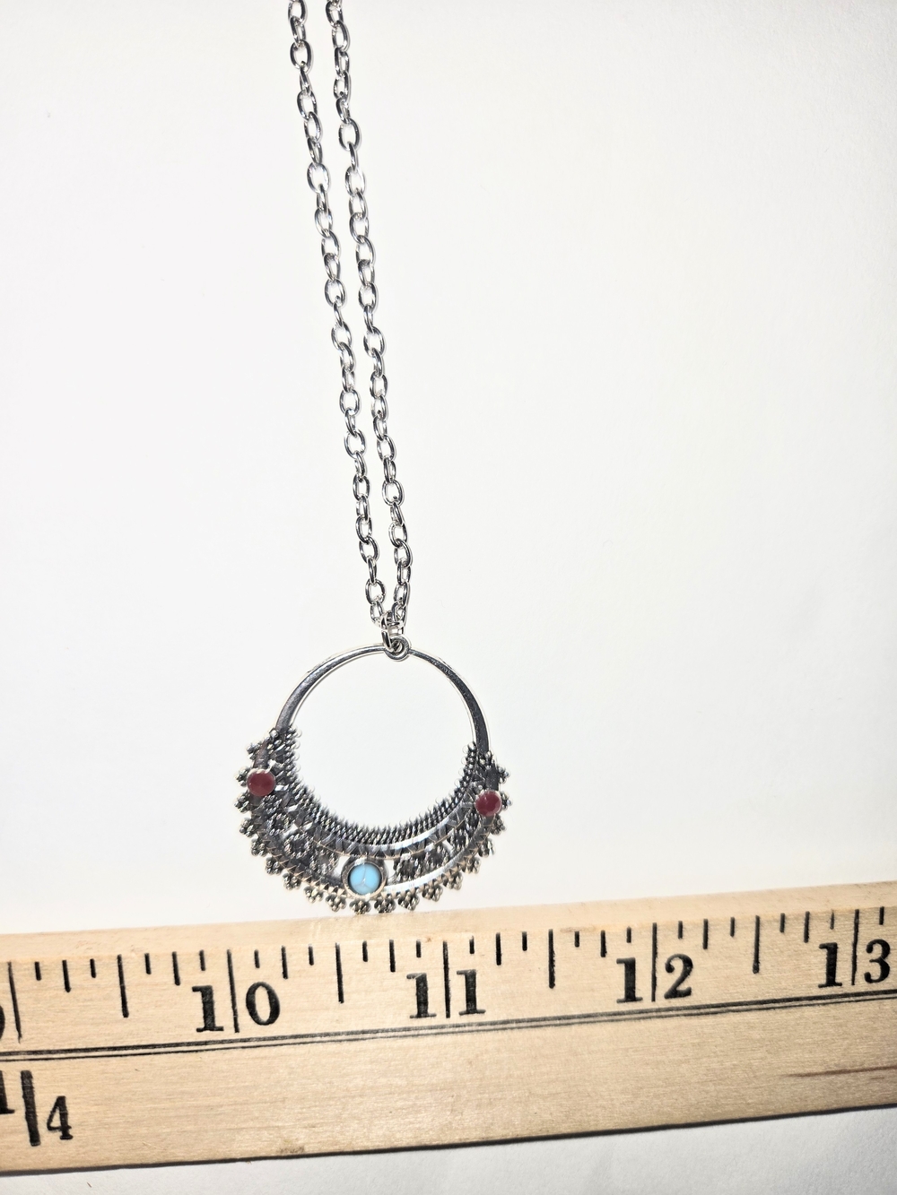 Silver Boho Pendant Necklace with Turquoise and Red Accents - Picture 4 of 6
